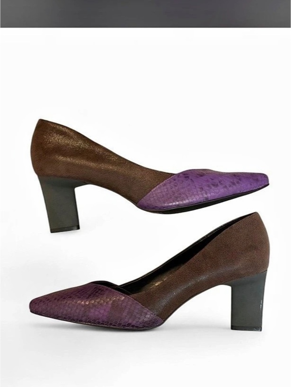 Logo by Lori Goldstein. Kate, color-block heels with purple and brown snake